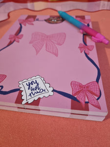 To slay list, bow, lip notepad